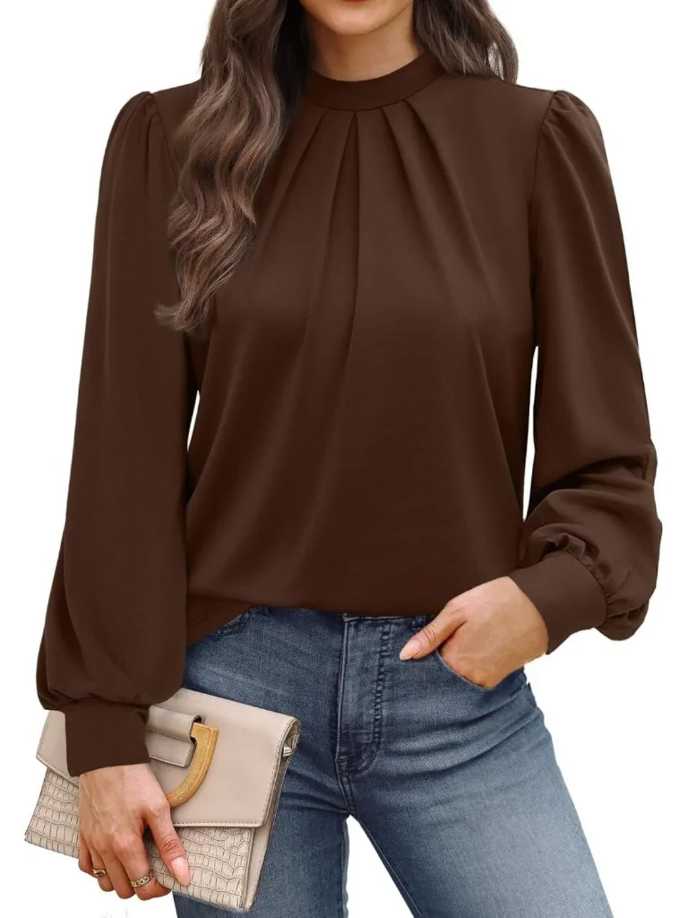 Women's Brown Long Sleeve Shirts Pleated Front Blouses Dressy Mock Neck Tops